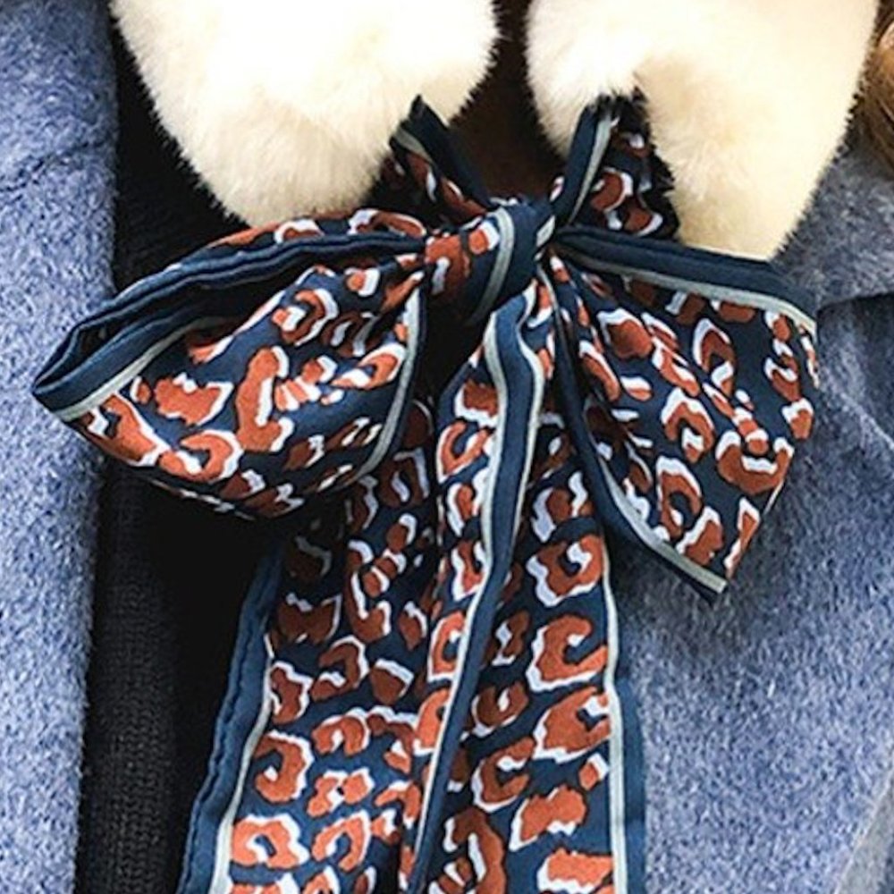 Women Scarf Bow Tie Warm Plush Fur Brown Leopard